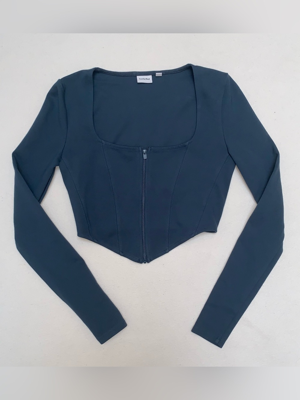 Aritizia Sunday Best Turquoise Zip-Front Long-Sleeve Crop Top Corset